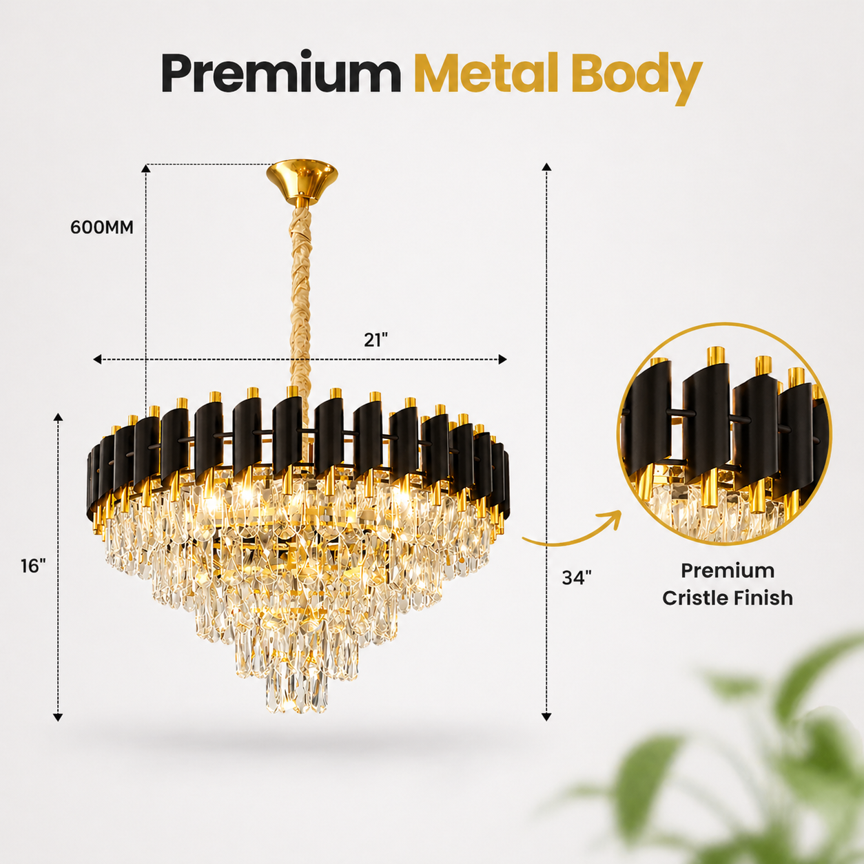 600MM Luxury Crystal Chandelier with Metal Body | Elegant Home Lighting
