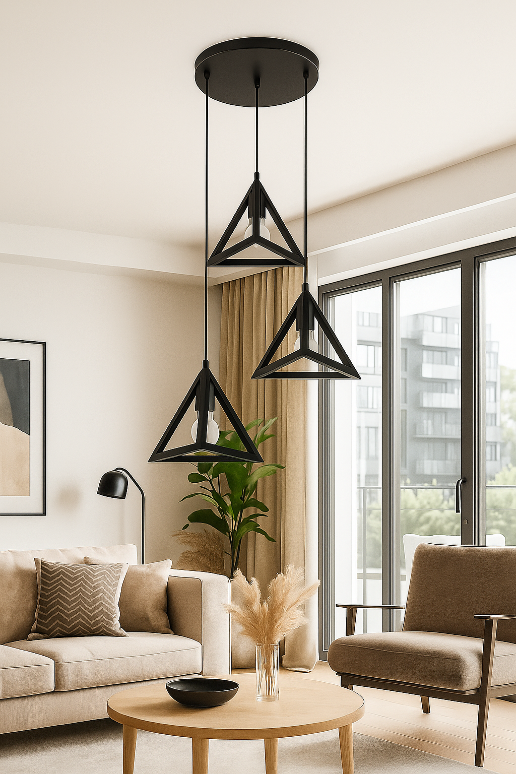 Modern Triangle Ceiling Lamp, E27 – 3 in 1-Light Cluster (Black/Gold)