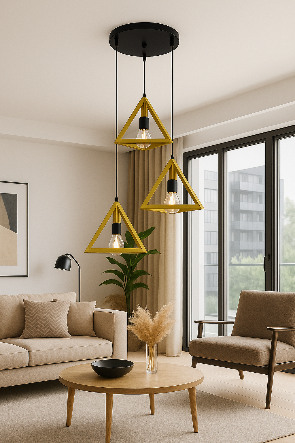 Modern Triangle Ceiling Lamp, E27 – 3 in 1-Light Cluster (Black/Gold)