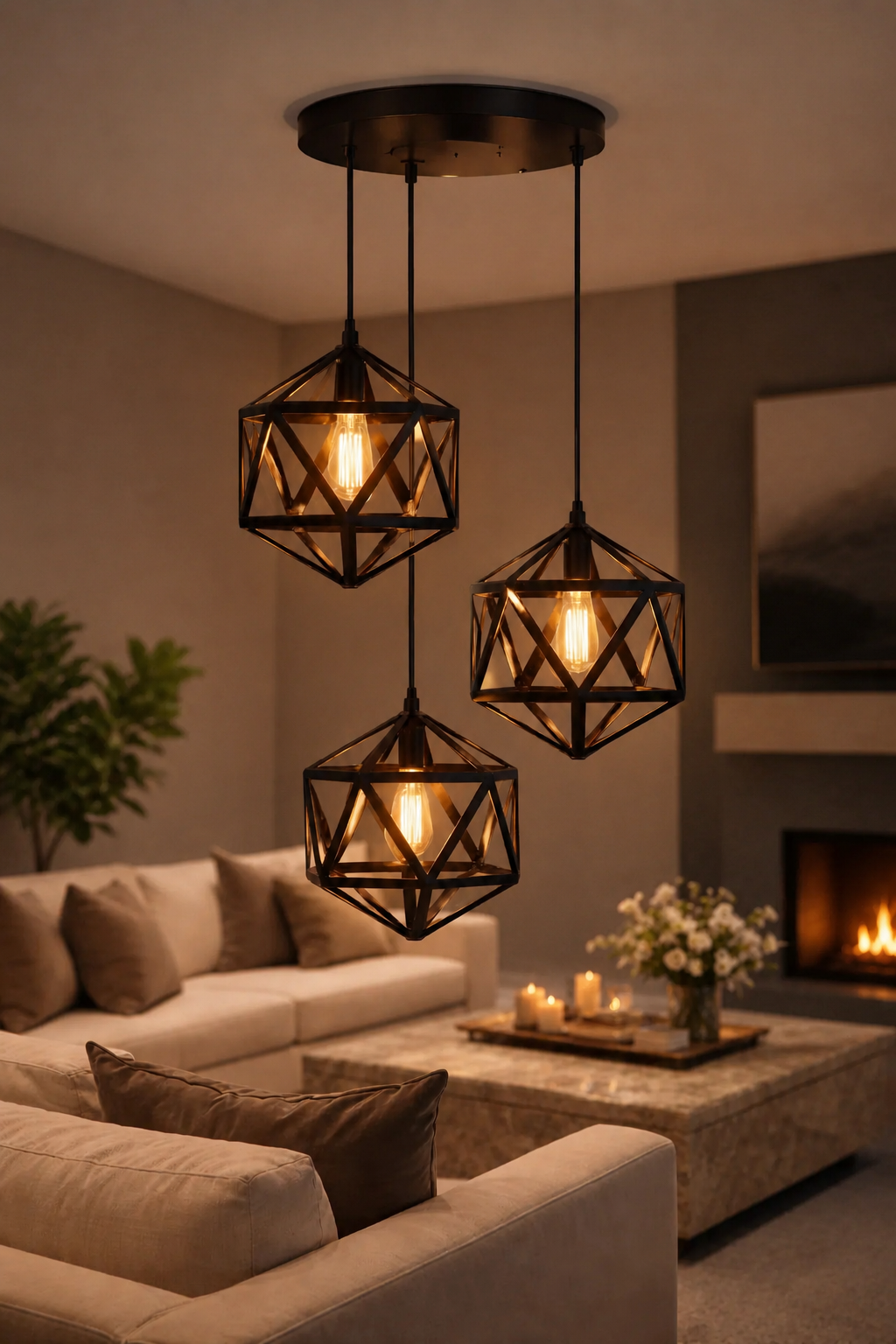 Modern Hexagon Ceiling Lamp, E27 – 3 in 1  (Matte Black)