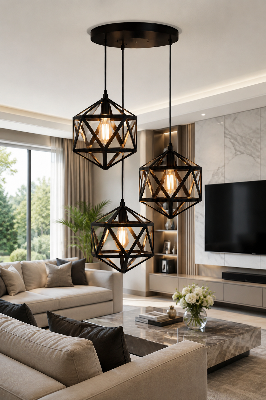 Modern Hexagon Ceiling Lamp, E27 – 3 in 1  (Matte Black)