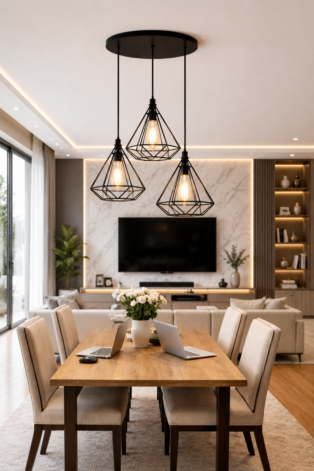 Modern Diamond Ceiling Lamp, E27 – 3 in 1 -Light Cluster (Matte Black)