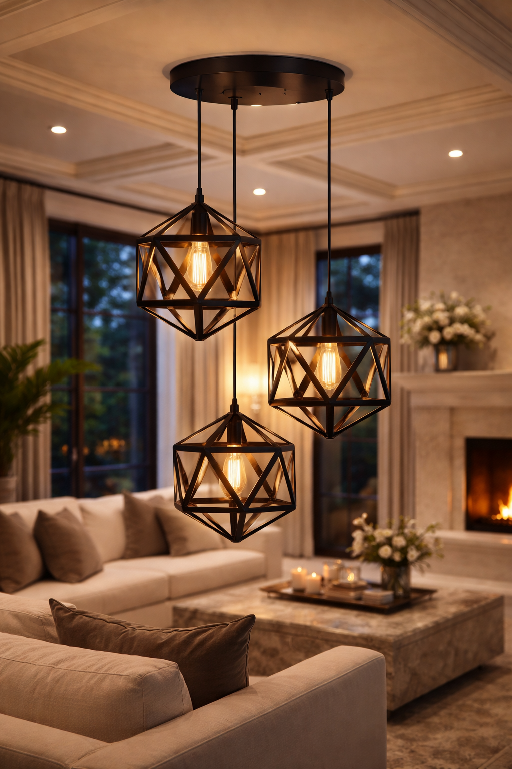 Modern Hexagon Ceiling Lamp, E27 – 3 in 1  (Matte Black)