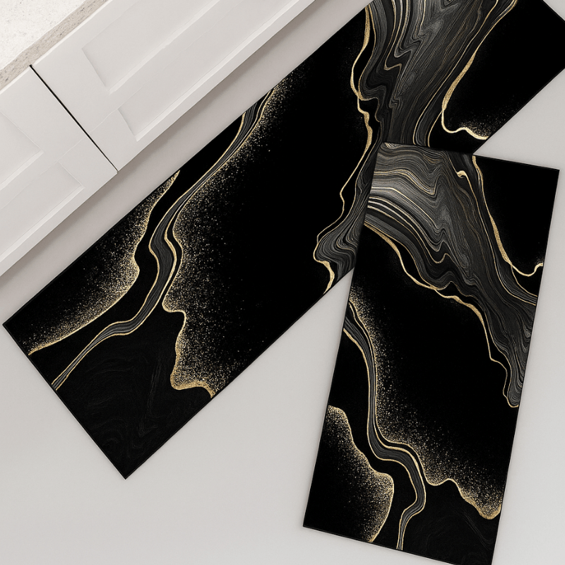 Luxury Nappa Leather 2-Piece Mat Set - Black Gold Marble Flow Design