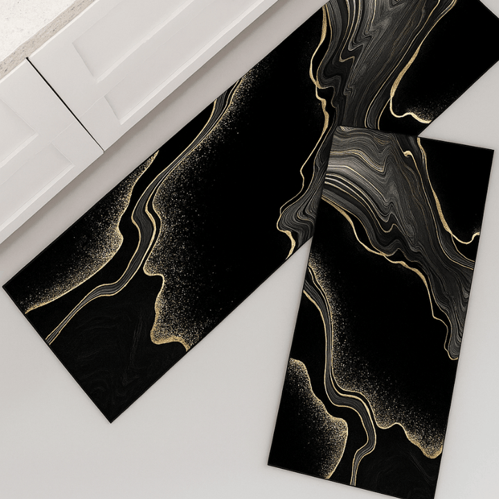 Luxury Nappa Leather 2-Piece Mat Set - Black Gold Marble Flow Design