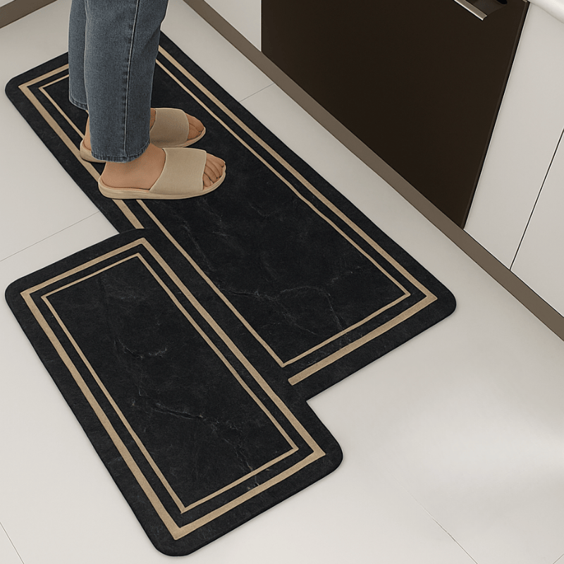 Premium Nappa Leather 2-Piece Mat Set – Black Marble with Gold Frame