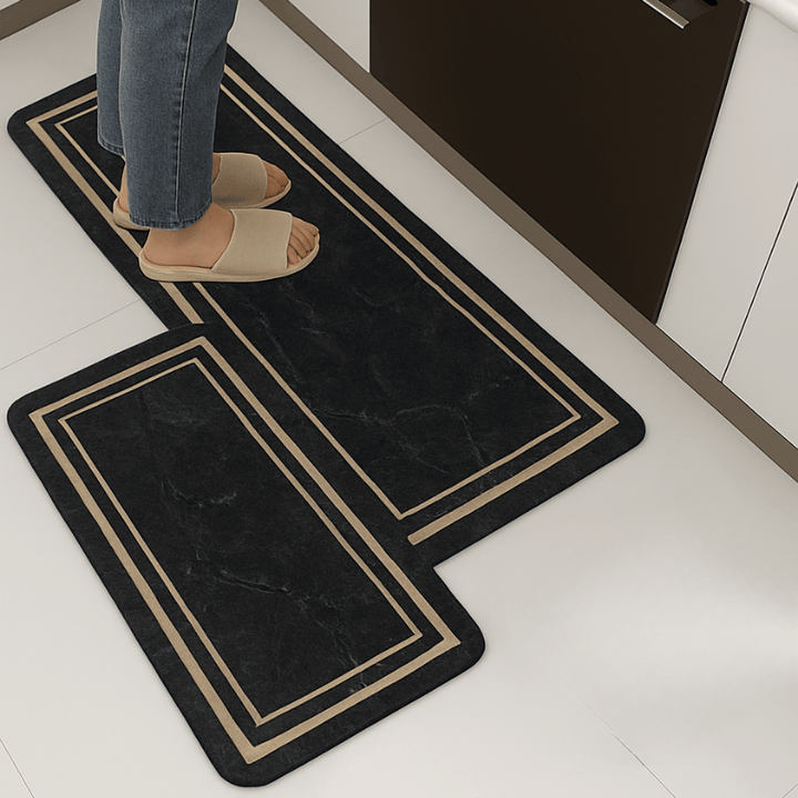 Premium Nappa Leather 2-Piece Mat Set – Black Marble with Gold Frame