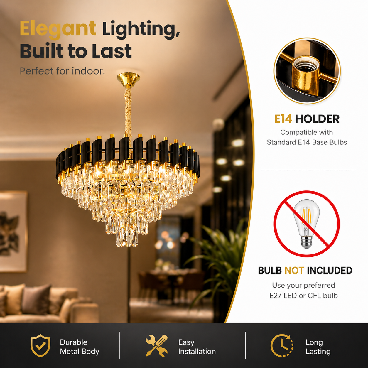 600MM Luxury Crystal Chandelier with Metal Body | Elegant Home Lighting