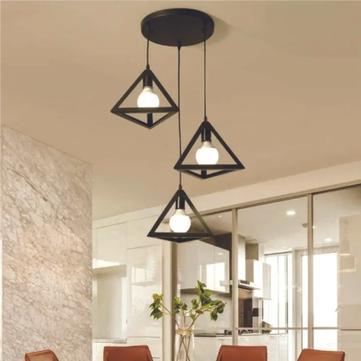 Modern Triangle Ceiling Lamp, E27 – Single & 3-Light Cluster (Black/Gold)